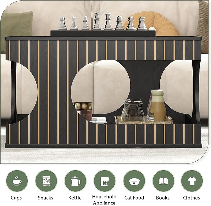 weselon 31.5" Square Coffee Table with Storage, Mid-Century Modern Center Table with Arched Cutouts and Carved Lines, 2-Tier Tea Table for Living Room, Cat-Friendly Base (Black)