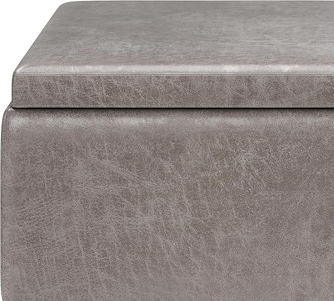 SIMPLIHOME Owen Tray Top Small Coffee Table Storage Ottoman - 34 inch Wide Upholstered Vegan Leather Rectangular Flip-Top Ottoman in Distressed Grey, Mid-Century Modern Ottoman for Living Room