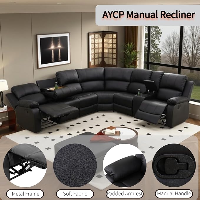 Manual Reclining Sofa Set with Drop-Down Table, Corduroy Sofa Sets, Living Room Furniture Sets, Modern Manual Recliner Sofa Sets with Storage Console for Living Room (Black, Sectional)
