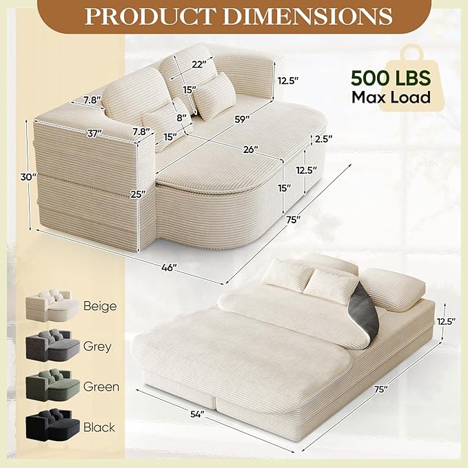Antetek Convertible Sleeper Sofa, Modern Folding Futon Corduroy Floor Foam Compression Loveseat Sofa Bed Couch, Foldable Full Size Guest Bed with 4 Pillows for Living Room Bedroom Apartment, Beige