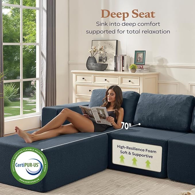 Furnify 106" 3-Seater Sofa, Cloud Modular Sofa with Certified Foam, Upholstered Floor Sofa with Deep Seat, Upholstered Sofa for Bedroom Living Room, No Assembly Required (Teddy Boucle, Blue)