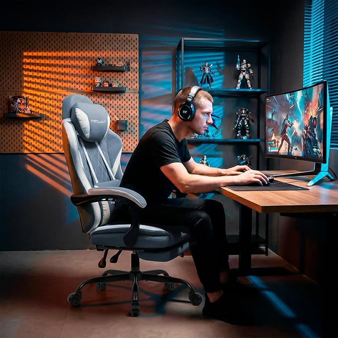 Misolant Gaming Chair, Fabric Gamer Chair with footrest for Adults, High Back Ergonomic Computer Game Chair with Adjustable Headrest and Massage Lumbar Support, 90-155° Recline Free, Blue
