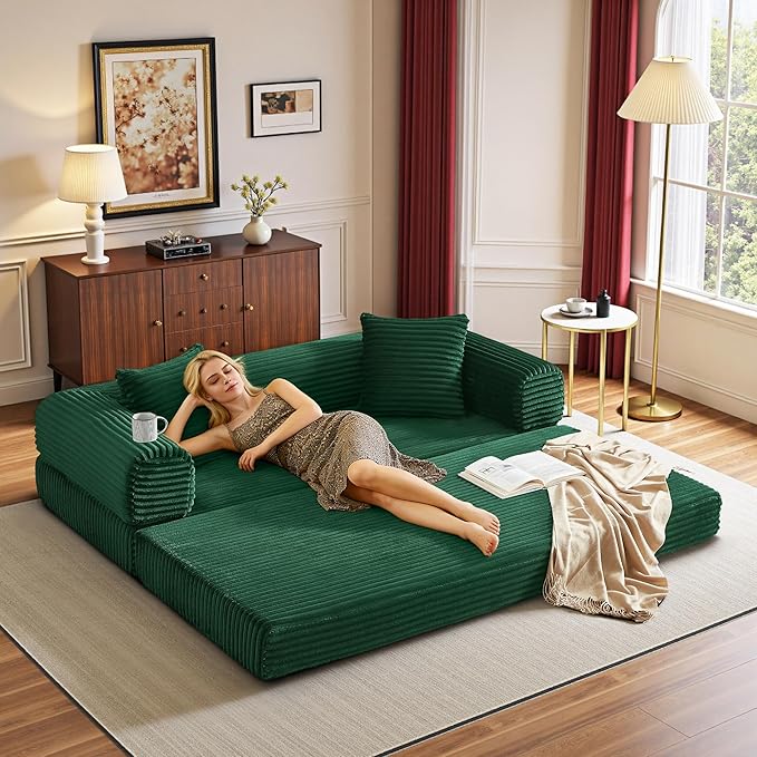 Chorlenimi Boneless Couch Futon Sofa Bed Sectional Couches for Living Room,Cloud Couch with Sleeper Sofa,Sofas for Living Room Oversized Corduroy Upholstered (Green, 76 Inches (No Iron Frame))