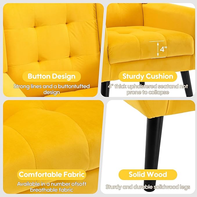 OO BY ORANGE ONLINE Set of 2 Velvet Accent Chair, Mid-Century Modern Tufted Armchair for Living Room, Bedroom & Office (Yellow)