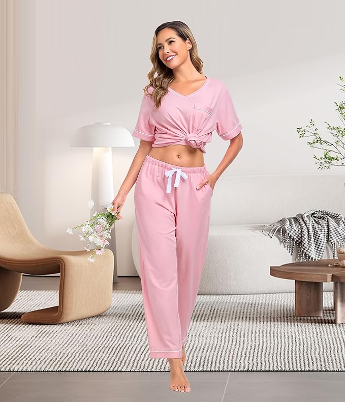 CF Women's 100% Cotton Pajama Sets Soft Short Sleeve Tops & Pants Comfy Sleepwear 2 Piece Lounge set with Pockets Loungewear