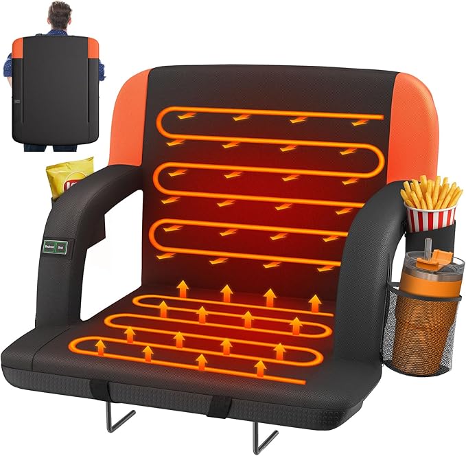HOPERAN Dual-Sided Heated Stadium Seats for Bleachers with Back Support, 3 Levels Heating Bleacher Seats with Backs and Cushion Wide, 5 Pockets Portable Stadium Chair for Outdoor Sports (Orange)