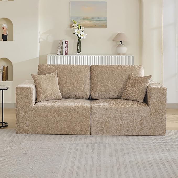 83'' Boneless Loveseat Sofa, Comfy Deep Seat Sectional Cloud Couch, No Assembly Chenille Love Seat for Living Room, Camel