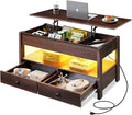 WLIVE Coffee Table, Lift Top Coffee Table with Drawers, LED Light, Large Storage and Open Shelf, Lift Tabletop for Living Room, Espresso