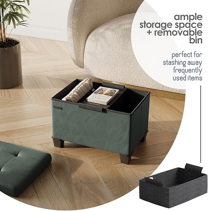 Storage Ottoman Cube with Small Bin, 16-in Square Ottoman with Storage for Living Room and Bedroom, Small Ottomans Foot Rest, Faux Leather Foot Stools Ottomans Max 330lbs, Green