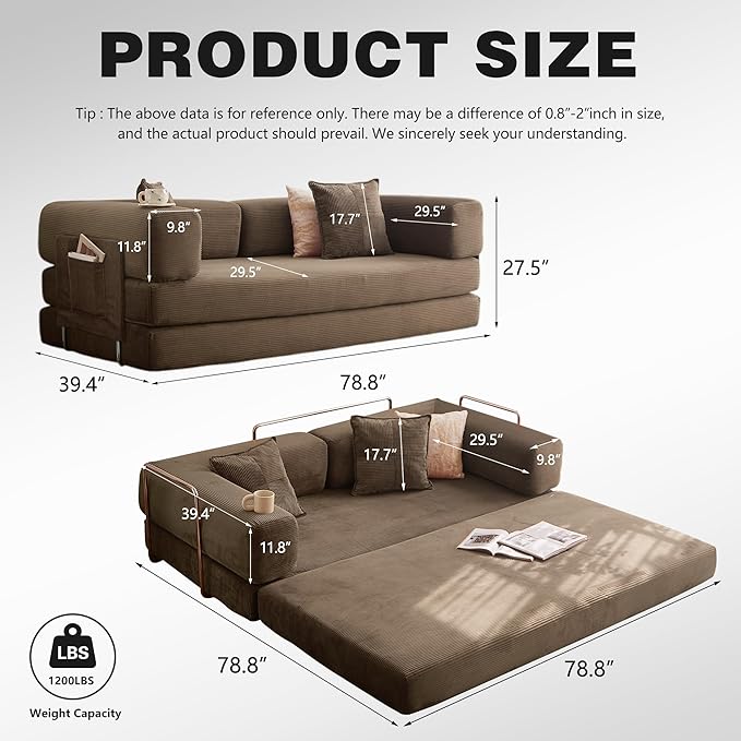 LIAROO 78.8" Convertible Sofa Bed -Compression Sofa with Corduroy Fabric - with Armrests and Backrest - Modular Sectional for Living Room, Bedroom, Studio - Compression Sofa in Box (Brown)
