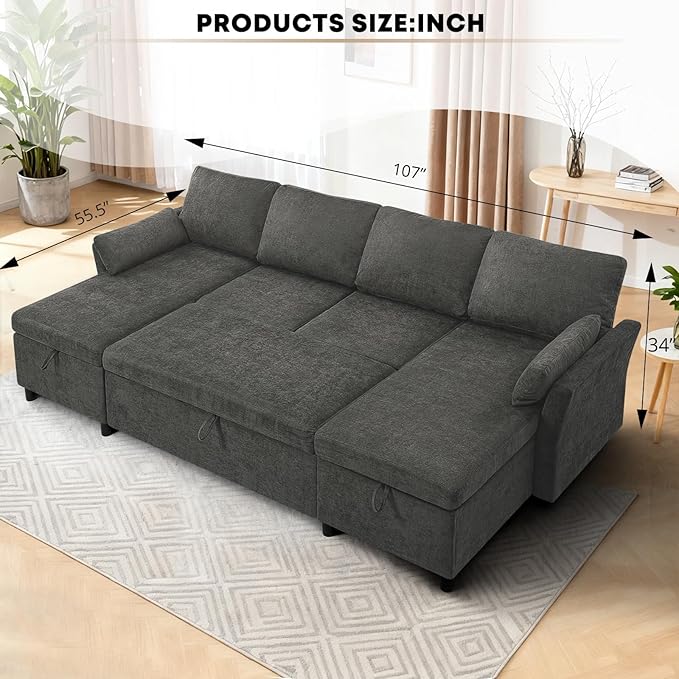ACMEASE 107 Inches Fabric Sectional Sofa with Pull Out Sofa Bed, Modern U Shaped Sofa with Throw Pillows, Comfortable Sleeper Couch with Storage Chaise for Living Room, Grey