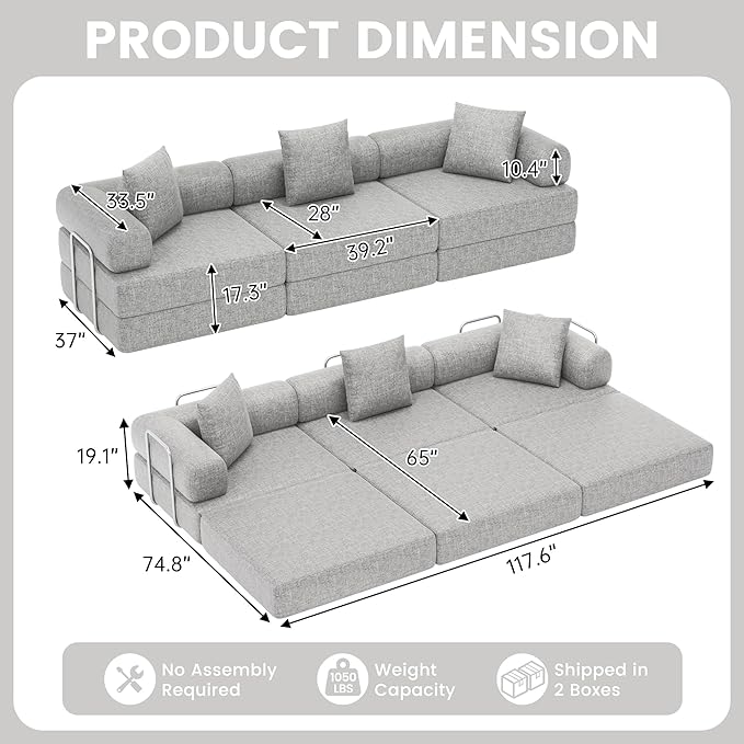 DURASPACE 117.6'' Folding Convertible Sofa Bed Boneless Foam Sectional Couches with Fixed-Shape Frame, 3-Seater Modular Floor Sleeper Sofa for Living Room, Chenille Gray