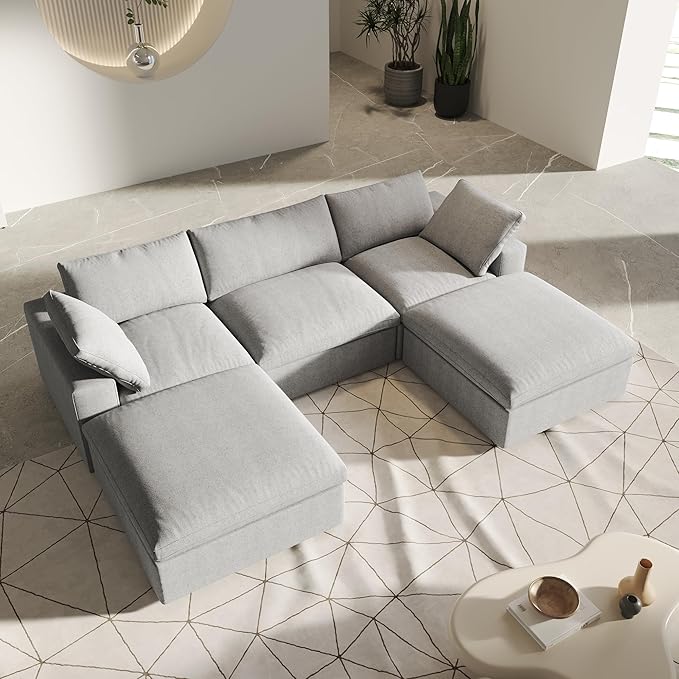 U-Shaped Cloud Sectional Couch, Light Grey Modular Sectional Sofa, Modern Comfy Cloud Sofa with Storage Ottomans, Covers Removable, Convertible Sleeper Couch for Living Room Apartment (Linen Fabric)