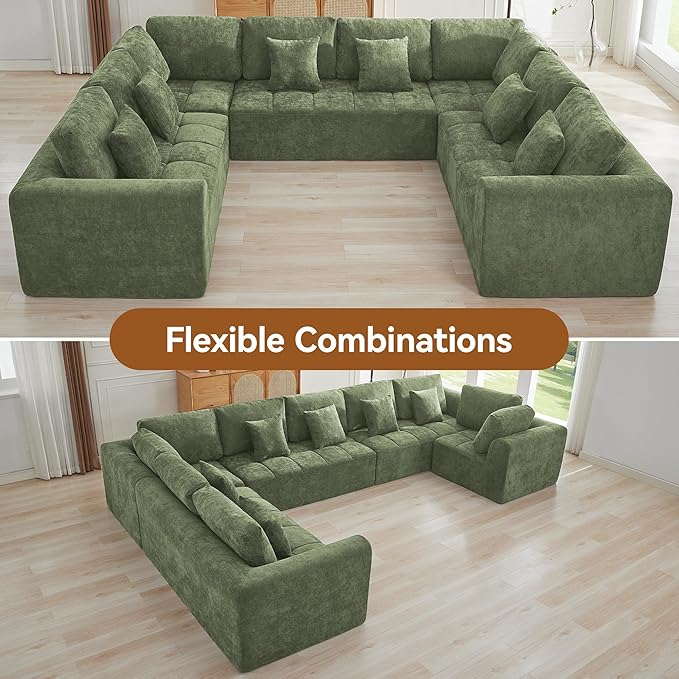 140''Modular Sectional Couches for Living Room, Cloud Boneless Compressed Sectional Sofa, Oversized U Shaped 8 Seater Upholstered Memory Foam Sofa, No Assembly, Chenille Green