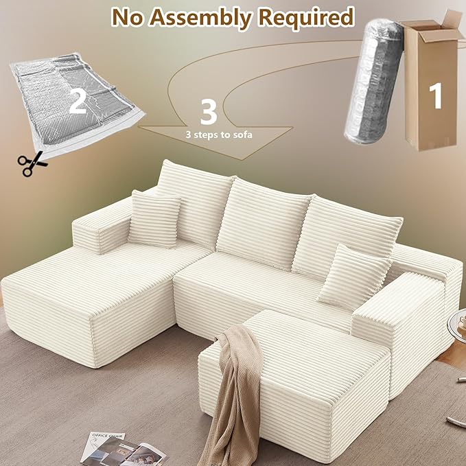 Lakifun 107" L-Shape Sofa with Ottoman, Modern Modular Sectional Comfy U-Shape Cloud Couch, Deep Seat, Upholstered Corduroy Sleeper Chaise Longue for Living Room Bedroom, No Assembly Required, White