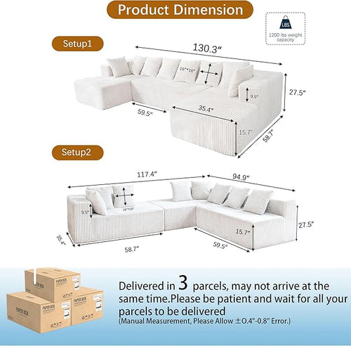 130" Boneless Couch, Cloud Couch Sectional, Corduroy Sofa for Living Room, U Shaped Modular Sofa with Chaise, No Assembly, 4 Seats Oversized (White)