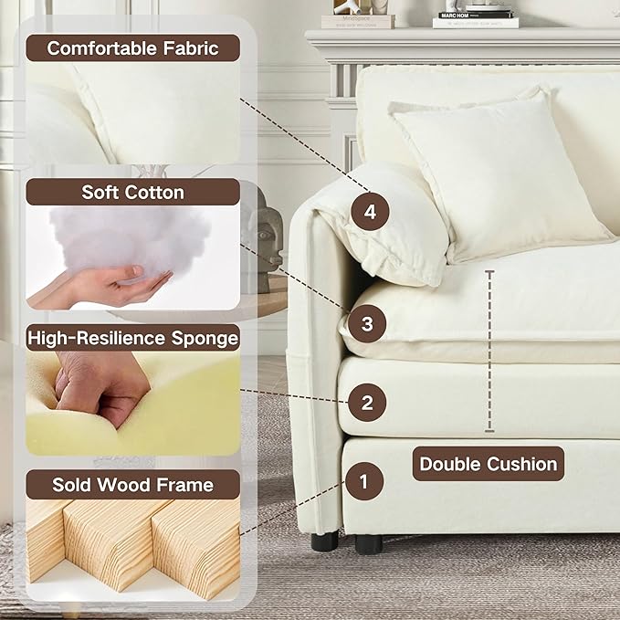 RENDGO 109" Modular Sectional Sofa with 1 Ottoman, Chenille Cloud Couch for Living Room & Apartment, Deep Seat Comfort, Flexible L-Shape Combination Sofa for Home & Office,Beige