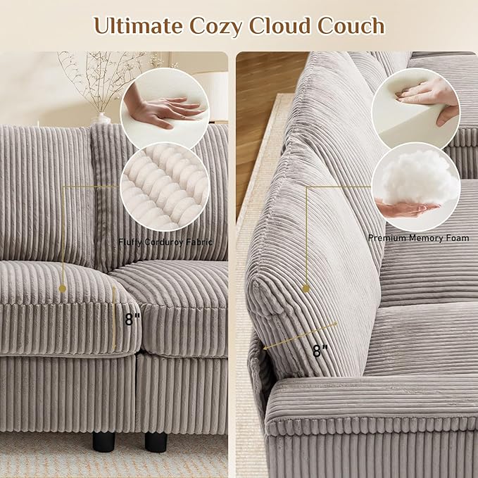 153" W x 60" D U Shape Sectional Sofa with USB Charging & Cup Holder & Storage, 6 Seater Plush Corduroy Couches with Movable Ottoman, Cloud Couch Sofas for Living Room, DIY Combination - Light Grey