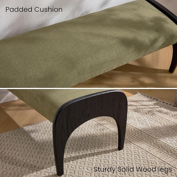 DUOMAY Modern 51" Wide Ottoman Bench, Long Entryway Bedroom Bench with Solid Wood Legs and Linen Upholstered Dining Bench Storage Bench for Living Room Indoor, Kitchen, Green