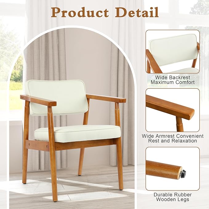 LSSPAID Mid Century Dining Chairs Set of 1, Beige Linen Fabric Upholstered Armchair with Wooden Handrail, Comfy Backrest Modern Kitchen Chairs for Bedroom Living Room Dining Room