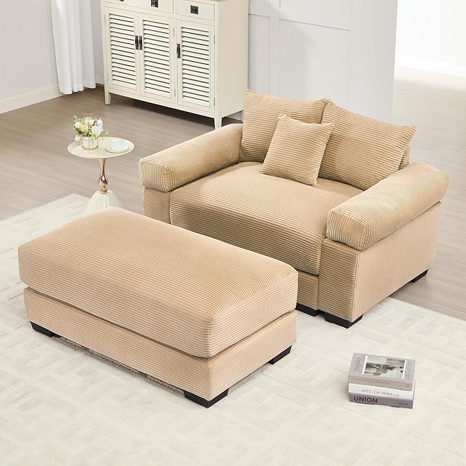 KEIKI 54" Oversized Corduroy Modular Sectional Single Sofa with 1 Ottoman, High-Density Foam Cushions, Extra-Thick Armrests, Modern 1-Seater Lounge Accent Chair with 3 Pillow, for Living Room, Camel