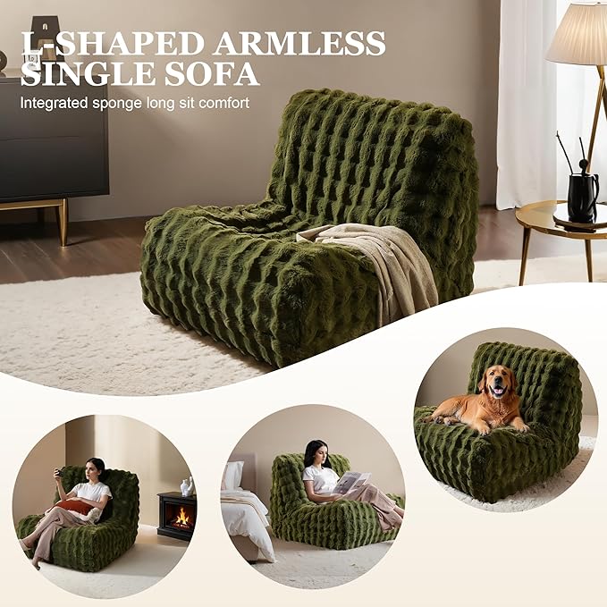 Bean Bag Chair for Adults, Lovely Bean Bag Chair with Plush Faux Fur, Lazy Floor Sofa, Comfy Reading Nook Chairs, Couch Single Sofa for Living Room Bedroom Office (Green)