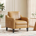 MALOL PU Leather Accent Chair, Mid-Century Modern Living Room Armchair Sofa with Removable Cushions, Solid Wood Frame & Stitched Armrest Design, Bedroom Chair with Plastic Legs, Brown