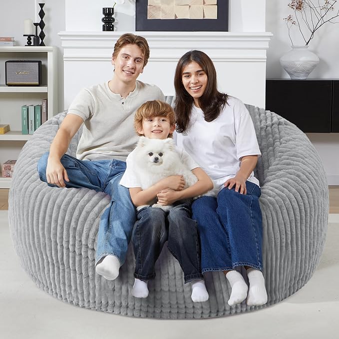 Homguava 5 FT Bean Bag Chair,5' Big Bean Bag,Giant Bean Bag Chairs for Adults with Memory Foam Filled,Comfy Large Beanbag Chairs Soft Bean Bag Sofa with Dutch Corded Plush Cover-Light Grey