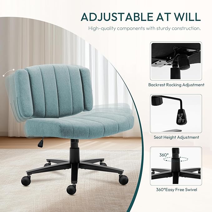 Vigosit Blue Criss Cross Office Chair with Wheels, Ergonomic Wide Seat Vanity & Dressing Table Chair, Adjustable Arms Swivel Rolling Desk Chair for Women, Comfortable Cross-Legged Support