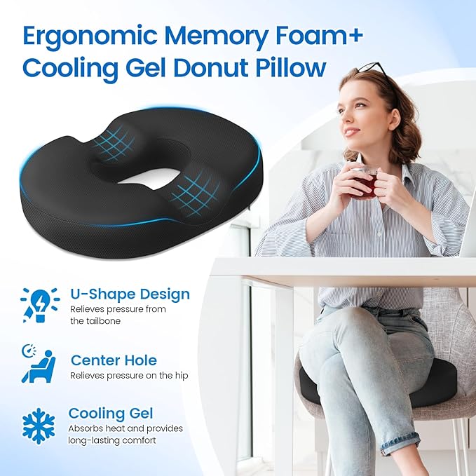 Donut Pillow Seat Cushion - Cooling Gel Floor Pillow, Memory Foam Floor Cushion for Office & Home, Car Seat, Hemorrhoids Pillow, Sciatica & Tailbone Pain Relief Chair Cushion, Black-XXL