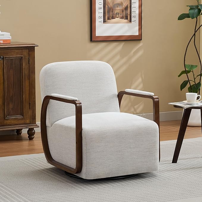 CACFTII 32" Chenille Upholstered Swivel Accent Chair, 360° Rotating Metal Base Modern Lounge Chair with Wooden Armrests for Living Room Bedroom, Beige