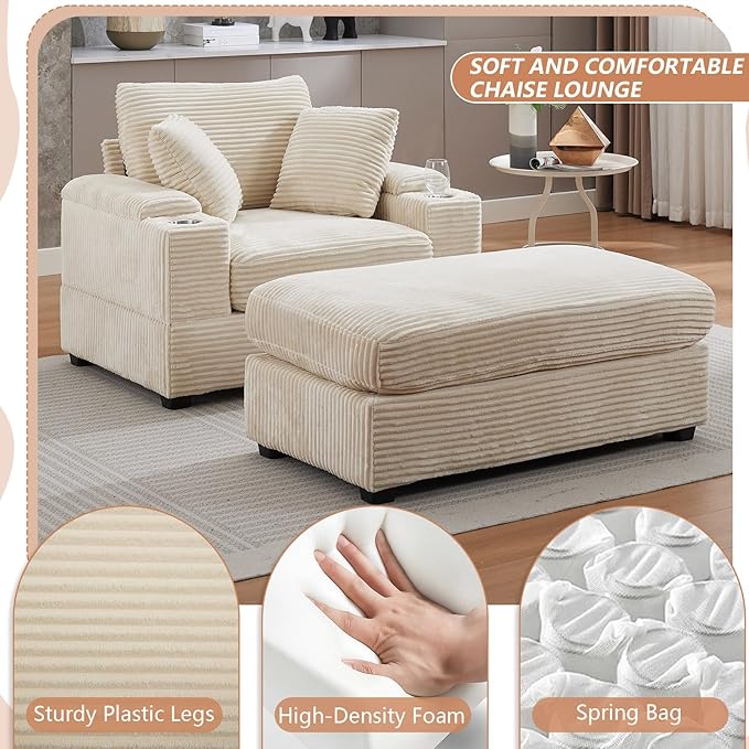 50" Oversized Chaise Lounge Chair Indoor with Ottoman and Storage, Deep Seat Upholstered Reading Chair, Comfy Corduroy Sleeper Chair with Cup Holder, Reclining Chair for Living Room, Bedroom, Beige