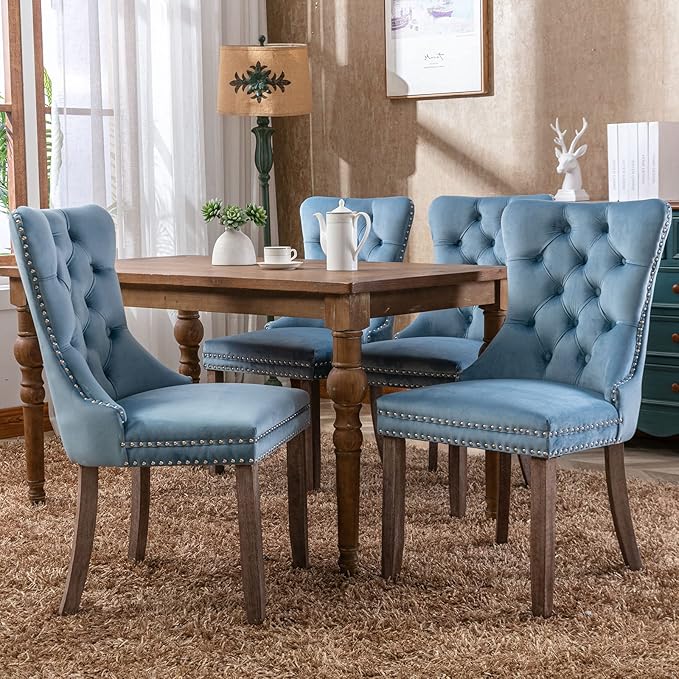 YeahFurn Sky Blue Mid Century Modern Dining Chairs Set of 8, Velvet Upholstered Kitchen & Dining Room Chairs with Nailhead Trim & Solid Wood Legs, Elegant Sillas De Comedor (Sky Blue, 8 Pcs)