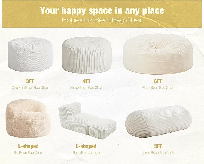 Hobestluk 5FT Bean Bag Chairs Adult Bean Bag with Portable Handle Comfy Large Bean Bag Lounge Chair with Removable Cover for Living Room Bedroom (Stripe White, 5FT)