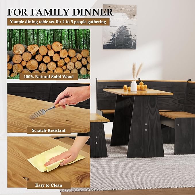 Breakfast Nook Table Set – L-Shaped Corner Dining Bench Set, Kitchen Nook Booth Dining Table, Space-Saving Banquette Seating for Apartment or Dining Room, Modern Black Wood Corner Table Set