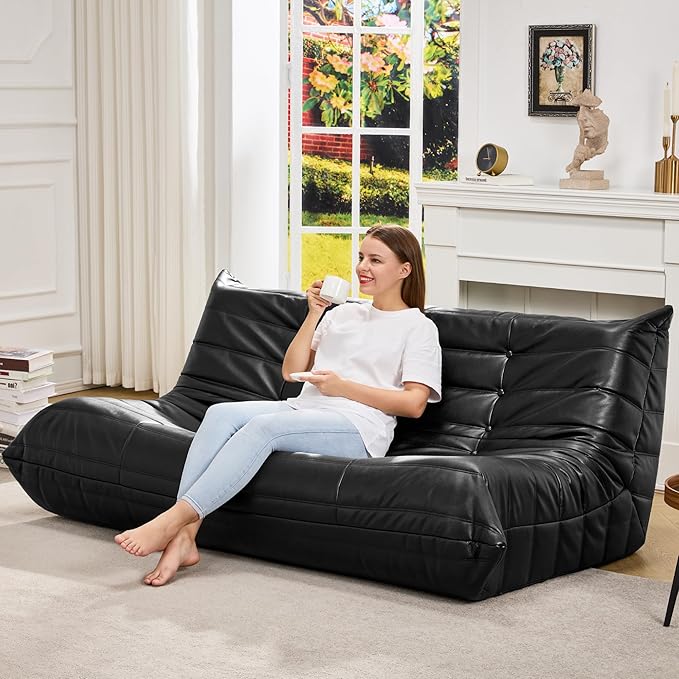 Hobestluk Bean Bag Chair Giant Bean Bag Sofa 3 Seater Bean Bag Chairs for Adults, Loveseat Floor Chair, Leather Bean Bag Chairs for Living Room Bedroom Office (Black, 3-Seater)