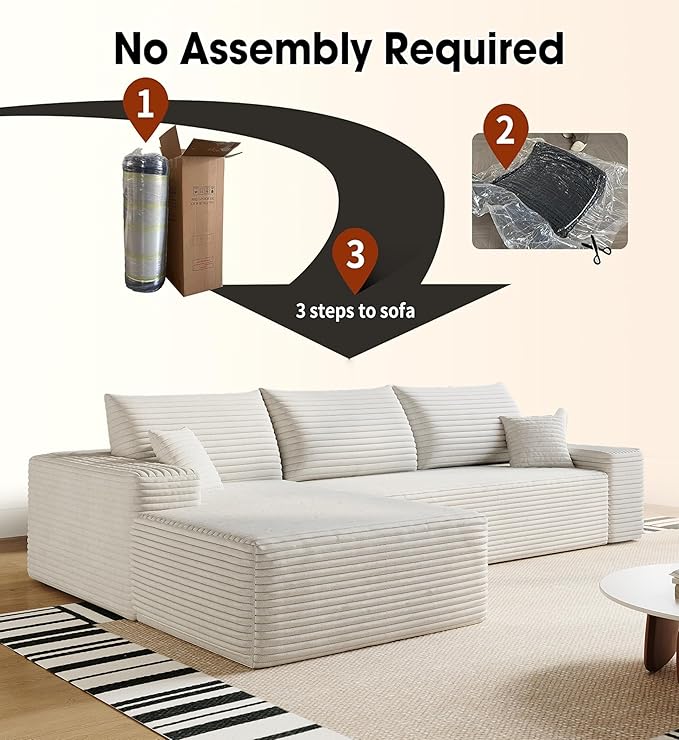 AUGOP 108" Sectional Couches for Living Room Modern Modular Sofa with L-Shape Couchs Upholstered Boneless Couch Deep Seat Sectional Couch with Chaise (White, Left Facing Chaise+2Seaters)