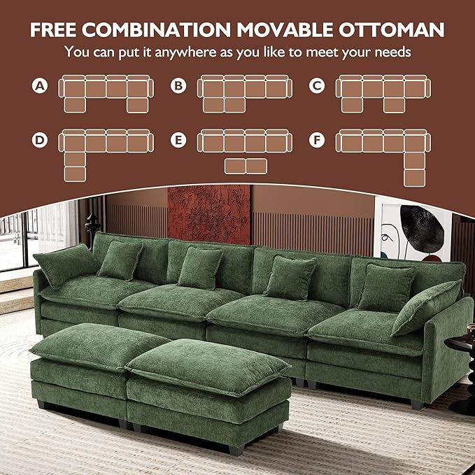 Ihanherry 146" U-Shaped Modern Sofa Modular Sectional Cloud Couch with 2 Ottoman, 6-Seat Chenille Deep Seat Sofa with 6 Pillows for Living Room, Bedroom and Apartment, Green