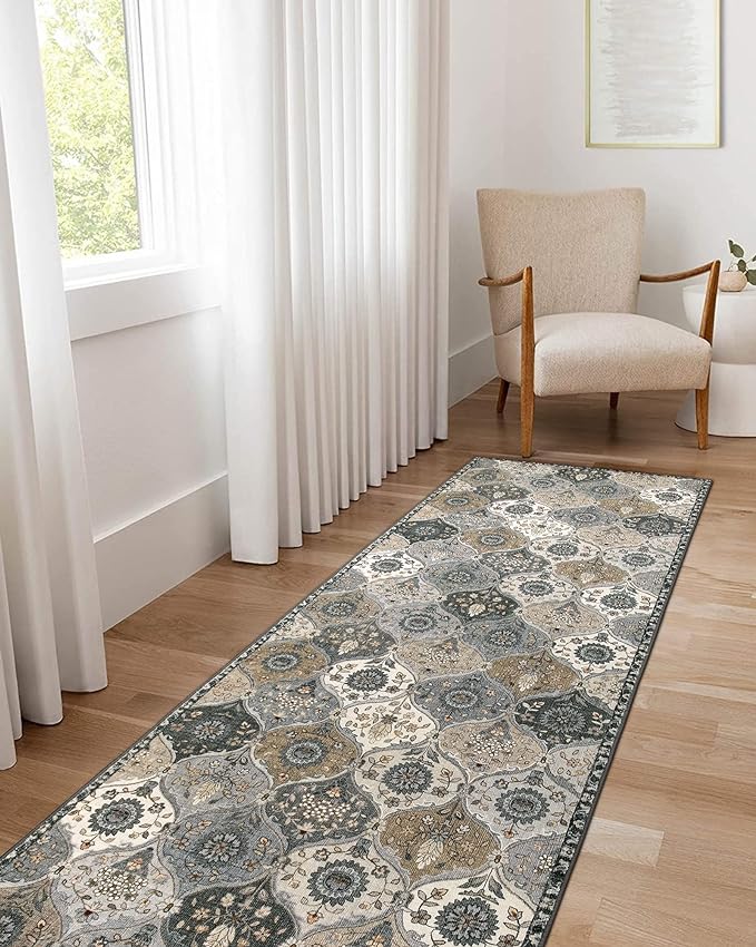 Lahome Moroccan Trellis Washable Runner Rug, 2x6 Runners for Hallways 6 Feet Non Slip Vintage Laundry Room Rug Vintage Ultra-Thin Long Carpet for Kitchen Bedroom, Grey