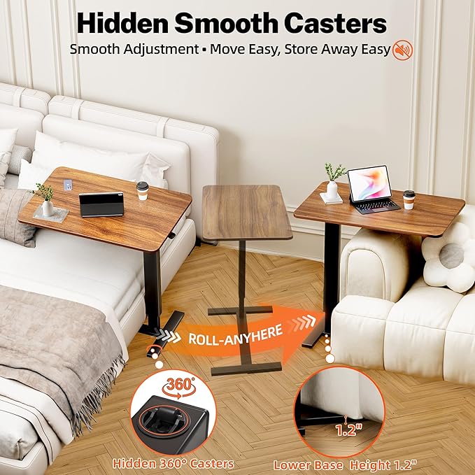 Adjustable Overbed Bedside Table with Wheels(31.2" W), Hospital Bed Table Over The Bed, Mobile Standing Desk Rolling Computer Cart, Laptop Desk with Hidden Casters