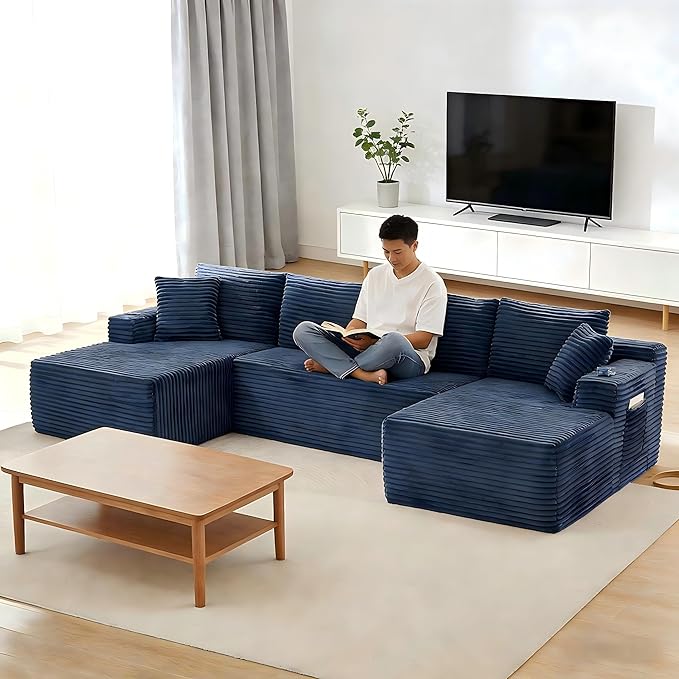 134" Modular Cloud Sectional Sleeper Sofa Couch for Living Room, U Shaped 6 Seat Sofa with 2 Storage Pockets, 2 Pillows & 2 Cup Holders, No Assembly Required (Blue)