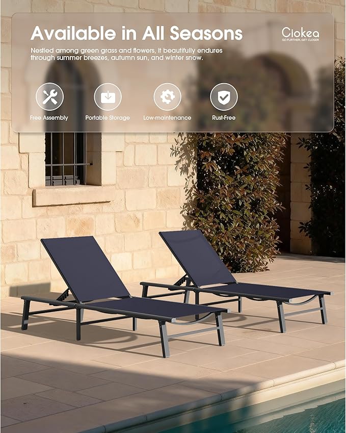 Ciokea Aluminum Outdoor Lounge Chair Set of 4- No Assembly Needed, Foldable Patio Chaise Lounge with 5 Adjustable Positions, Reinforced Frame for Extra Durability, Pool Beach Lounge Chair,Navy Blue