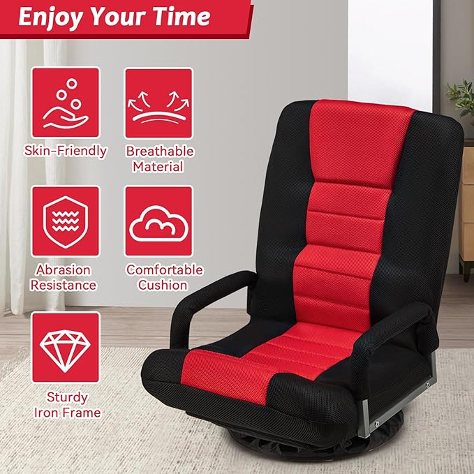 360° Swivel Chair 6 Adjustable Positions Backrest with Armrest Foldable Floor Chairs Suitable for Reading, Relaxing, Mediation,Red