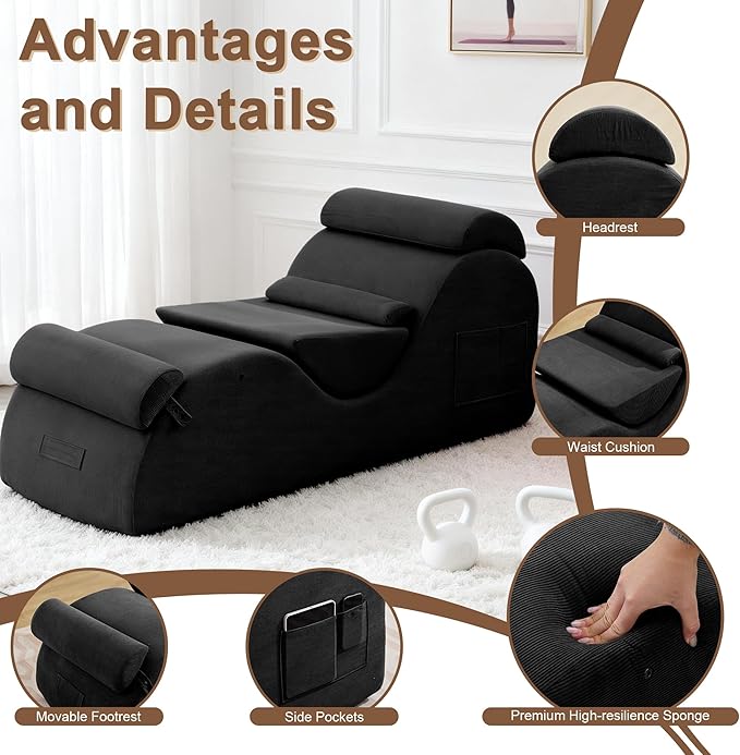 DRMBOOK Yoga Chairs for Adults, Corduroy Fabric Chaise Lounge with Headrest, Boneless Yoga Sofa Couch with Waist Cushion, Movable Footrest, Side Pockets for Relaxation Exercise Stretching (Black)