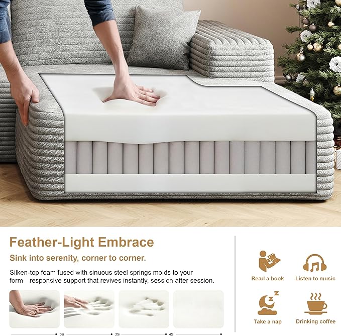 AUGOP 136" Sectional Couches for Living Room Modern Modular Sofa with L-Shape Couchs Upholstered Boneless Couch Deep Seat Sectional Couch with Chaise (Grey, Right Facing Chaise+3Seaters+Ottoman)