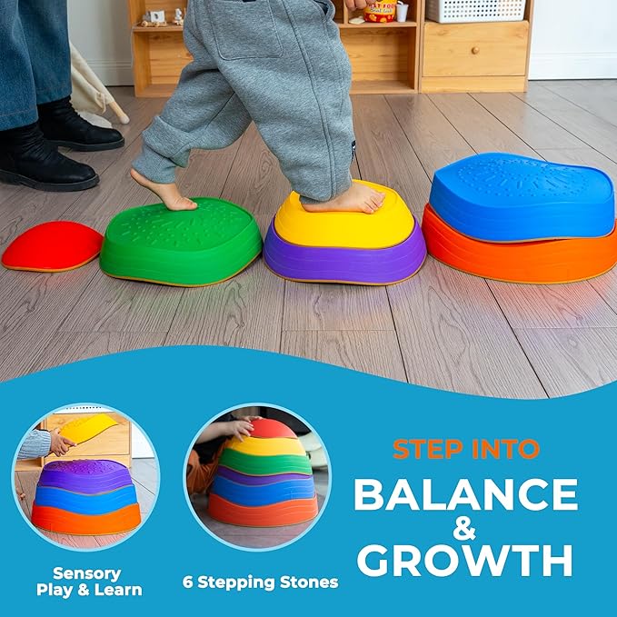 Oranmew Stepping Stones for Kids – Toddler Stepping Stones for Balance and Sensory Play, Non-Slip Indoor and Outdoor Balance Toys for Boys and Girls Age 3+, Stackable 6 Pcs Set
