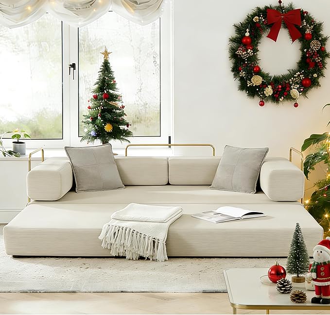 78" Convertible Sleeper Sofa Bed, Corduroy Folding Sofa Bed with Fixed-Shape Frame, Fold Out Floor Mattress Couch, Lazy Compression Sofas for Living Room, Bedroom, No Assembly Required, Beige