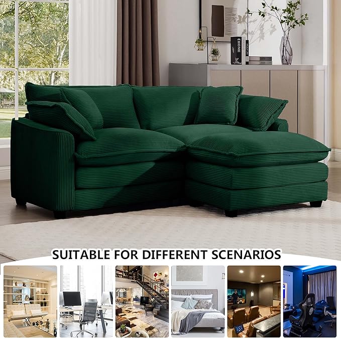 Aoowow Corduroy Loveseat Couch with Ottoman,Modern 2 Seater Cloud Couches for Living Room,Modular Sectional Cloud Sofas Deep Seat,Large L-Shaped Couch for Small Spaces (Green, 2 Seater + 1 Ottoman)