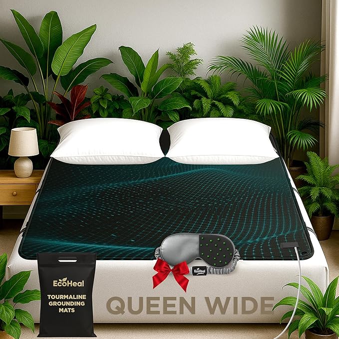 ECOHEAL Luxury Tourmaline Grounding Mat Queen Wide 59” x 54” for Bed & Sofa – PU Leather Conductive Surface, SGS Certified, Includes Silver Sleep Mask & 15ft Cord