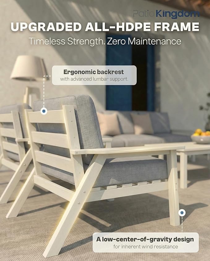 Patio Kingdom 7 Piece Patio Conversation Sets, Outdoor Couch with Washable Thick Gray Cushions, HDPE Patio Furniture Set with 12FT Umbrella, Outdoor Sectional Furniture for Backyard (White Frame)